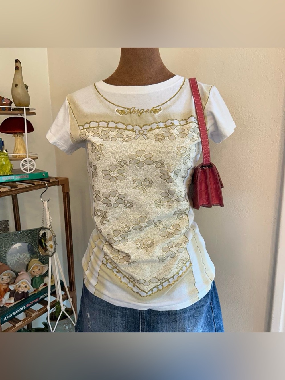 Y2K McBling White & Gold Tone Angel Wing Cap Sleeve T-Shirt by Evy of California